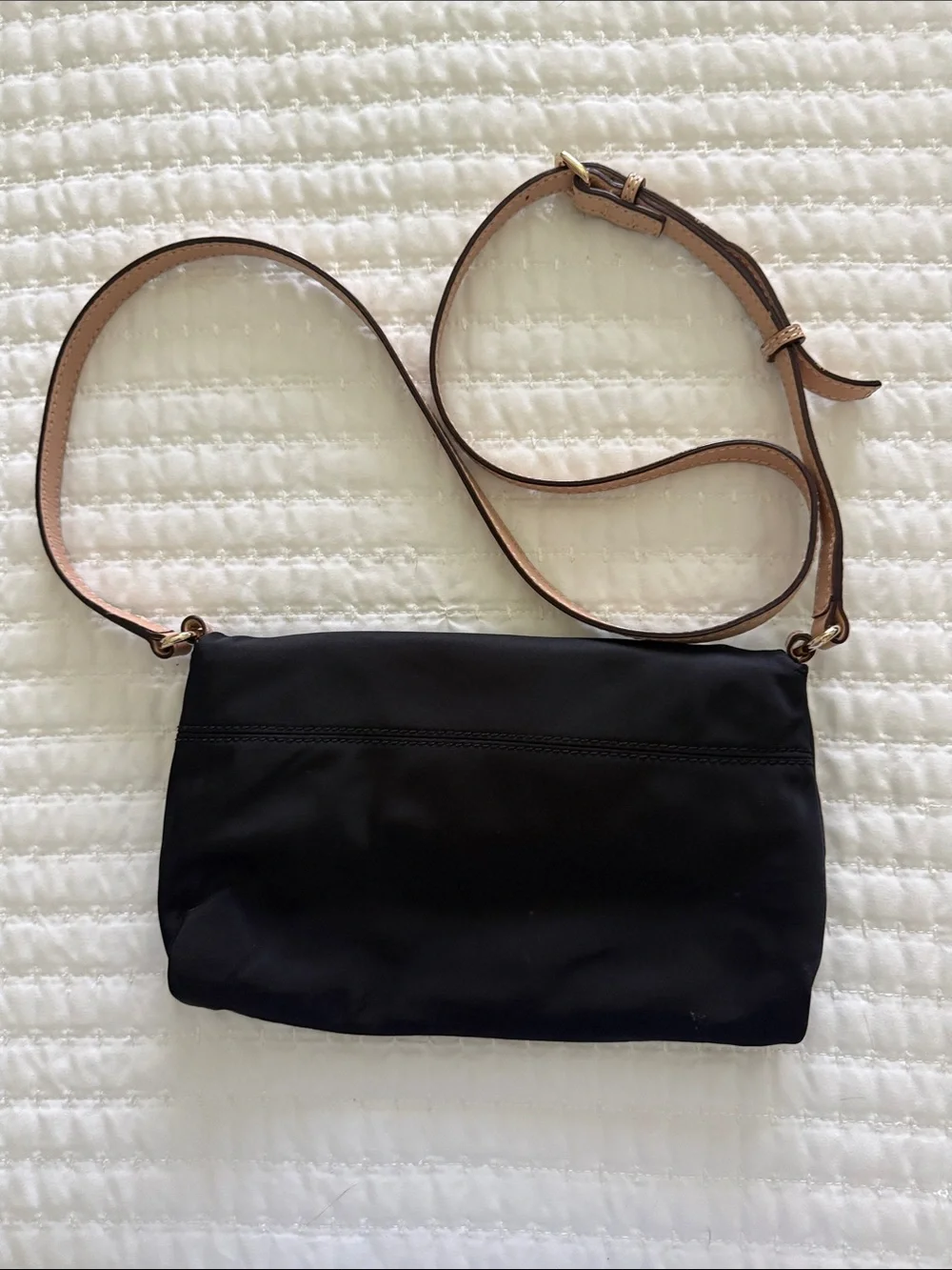 Kate Spade Black Crossbody Bag with Tan Strap and Gold Hardware